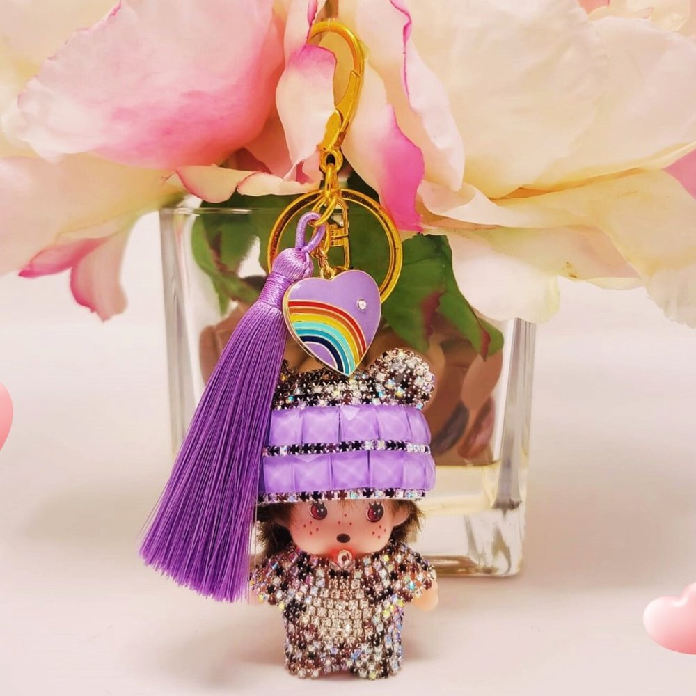 Keychain, Cute Monchichi Tassel with a Heart, bag pendant